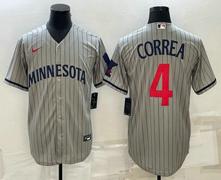 Men%27s Minnesota Twins #4 Carlos Correa 2023 Grey Home Team Cool Base Stitched Jersey